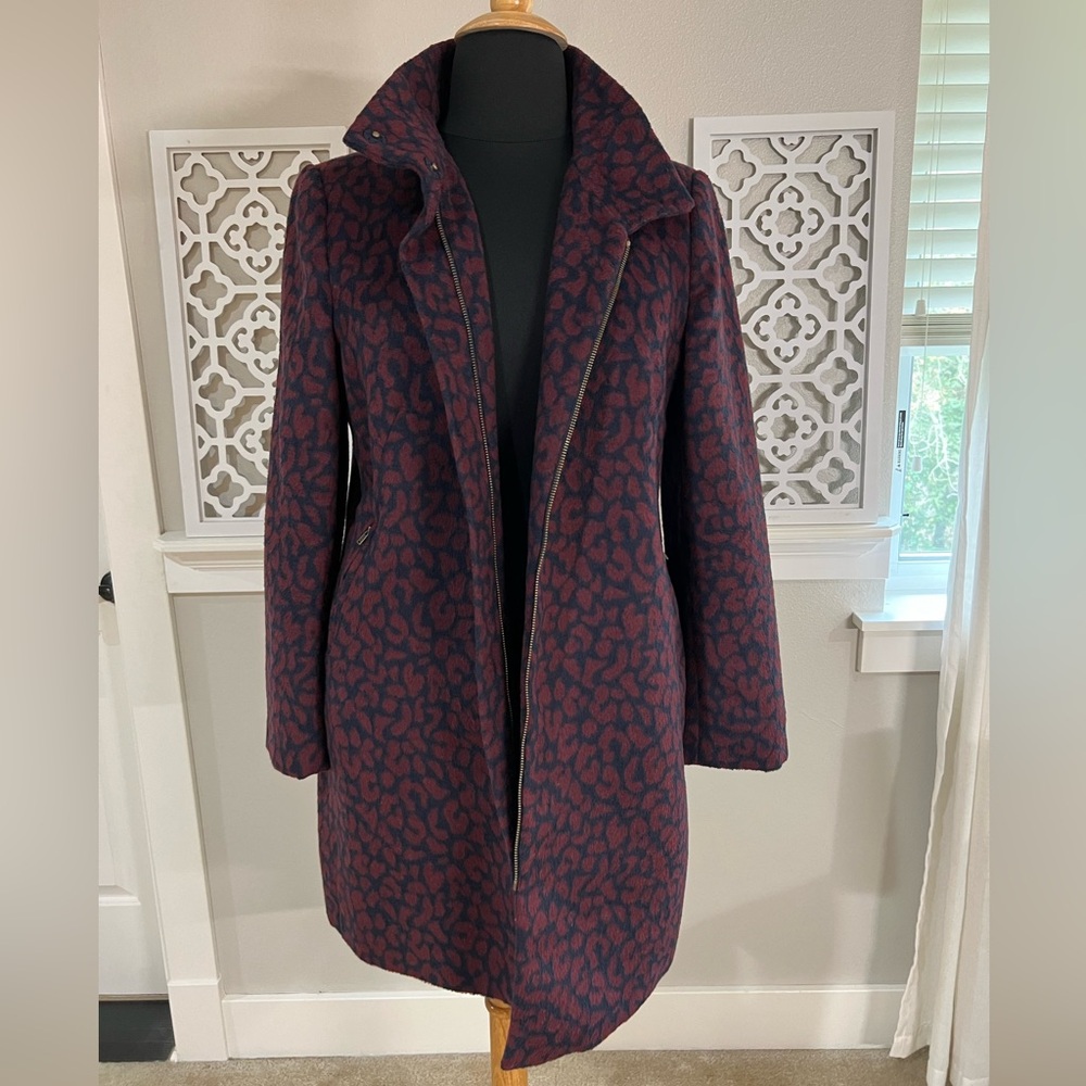 LOFT Burgundy and Blue Leopard Coat